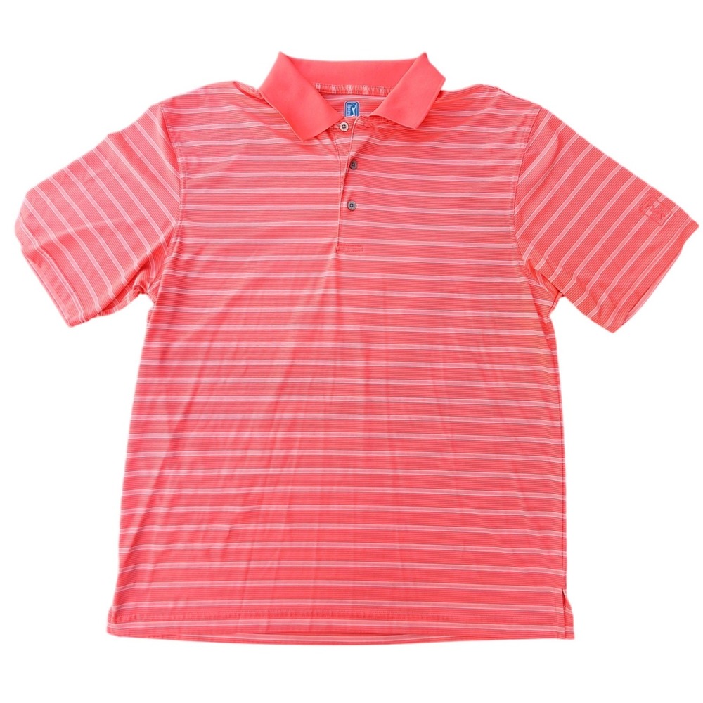 PGA Tour Golf‎ Polo Shirt Mens Large Orange Coral Striped Breathable Performance
